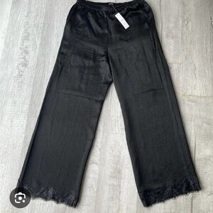 NWT J. Crew textured black satin stratus pants with lace trim